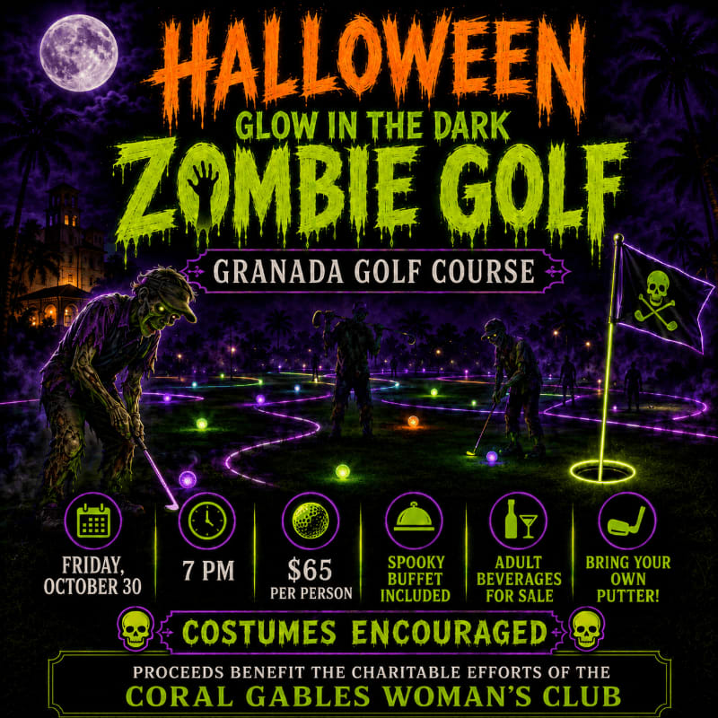 Zombies play glow-in-the-dark golf on a spooky course under a full moon, with event details listed at the bottom.