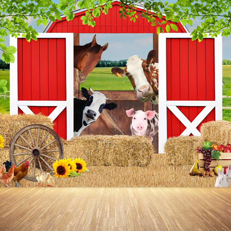 Farm animals peek out from a red barn with hay bales, sunflowers, and a wooden wheel in the foreground, set against a green field under a leafy sky.
