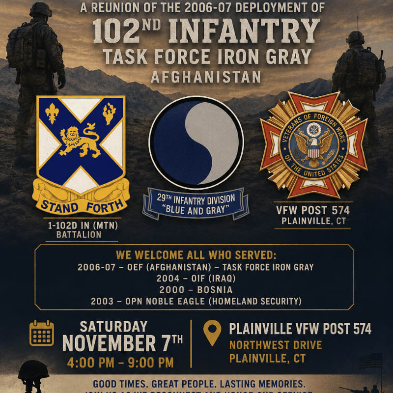 Silhouetted soldiers stand against a mountainous backdrop, with military insignia and reunion details prominently displayed in the foreground.