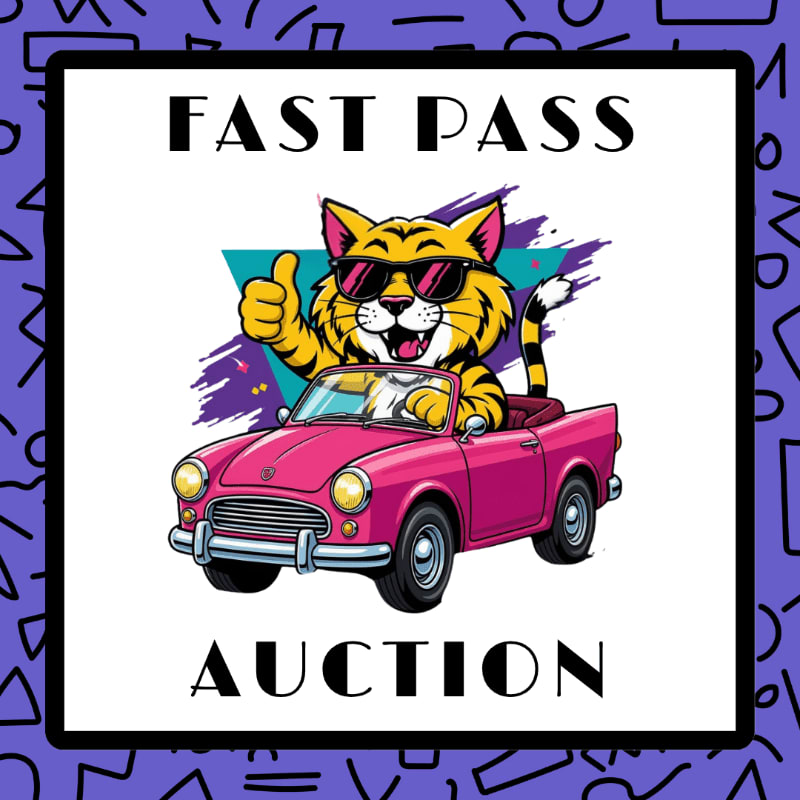 A cartoon tiger in sunglasses gives a thumbs up while driving a pink convertible, with "FAST PASS AUCTION" text above and below, set against a purple background with abstract shapes.