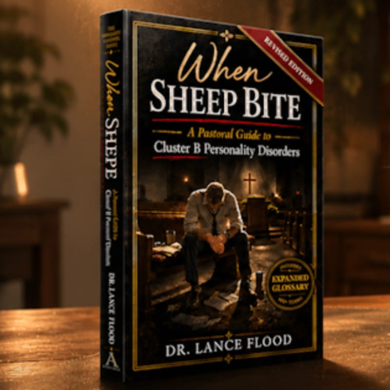 A book titled "When Sheep Bite" with a distressed man sitting in a church sanctuary is in the foreground, while a blurred background shows a wooden table and a plant.