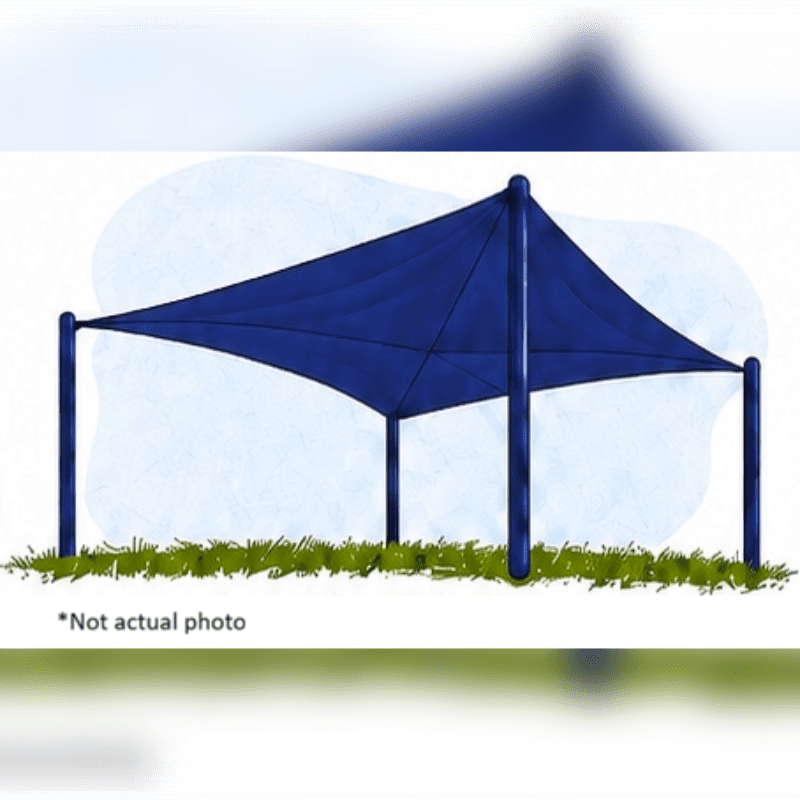 A blue shade sail is supported by four posts over green grass, with a light blue wash in the background.