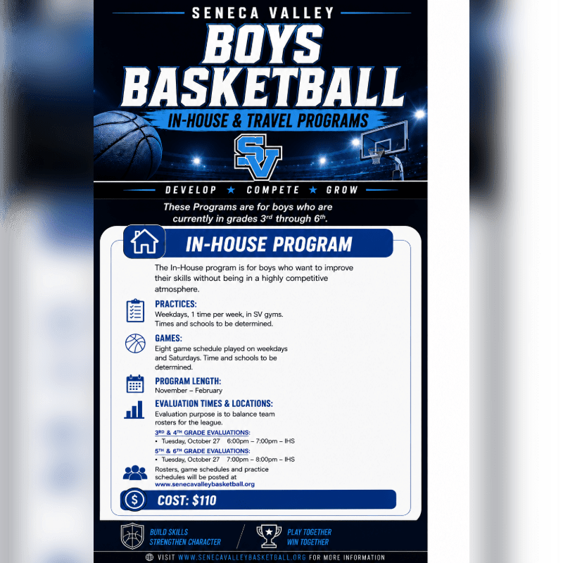 A blue and white flyer advertises Seneca Valley Boys Basketball in-house and travel programs, detailing practice schedules, game information, and costs for grades 3-6, with a basketball and court in the background.