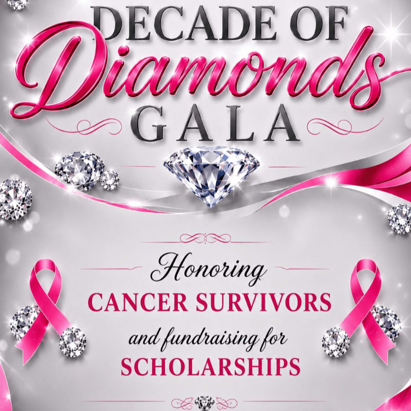 Sparkling diamonds and pink ribbons adorn the foreground of a "Decade of Diamonds Gala" poster, which honors cancer survivors and fundraises for scholarships in the background.