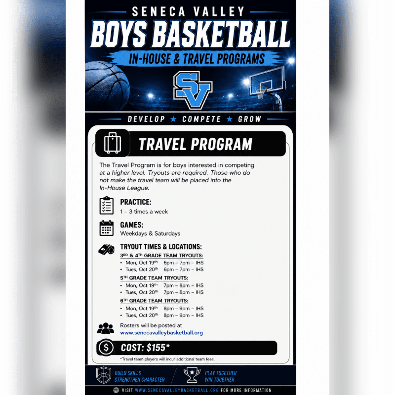 A flyer for Seneca Valley Boys Basketball's travel program is displayed, featuring basketball imagery and details about tryouts, practice, games, and cost.