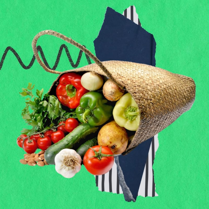 A woven bag overflows with fresh produce in the foreground, set against a vibrant green background with abstract torn paper elements.