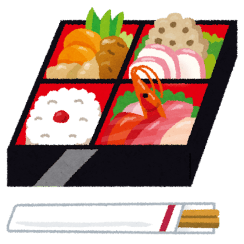 A bento box filled with various Japanese dishes sits above a pair of chopsticks resting on a white wrapper.