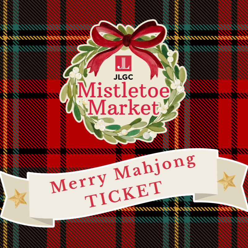 A festive wreath with "JLGC Mistletoe Market" written on it hangs above a banner that reads "Merry Mahjong TICKET," all set against a red and green plaid background.