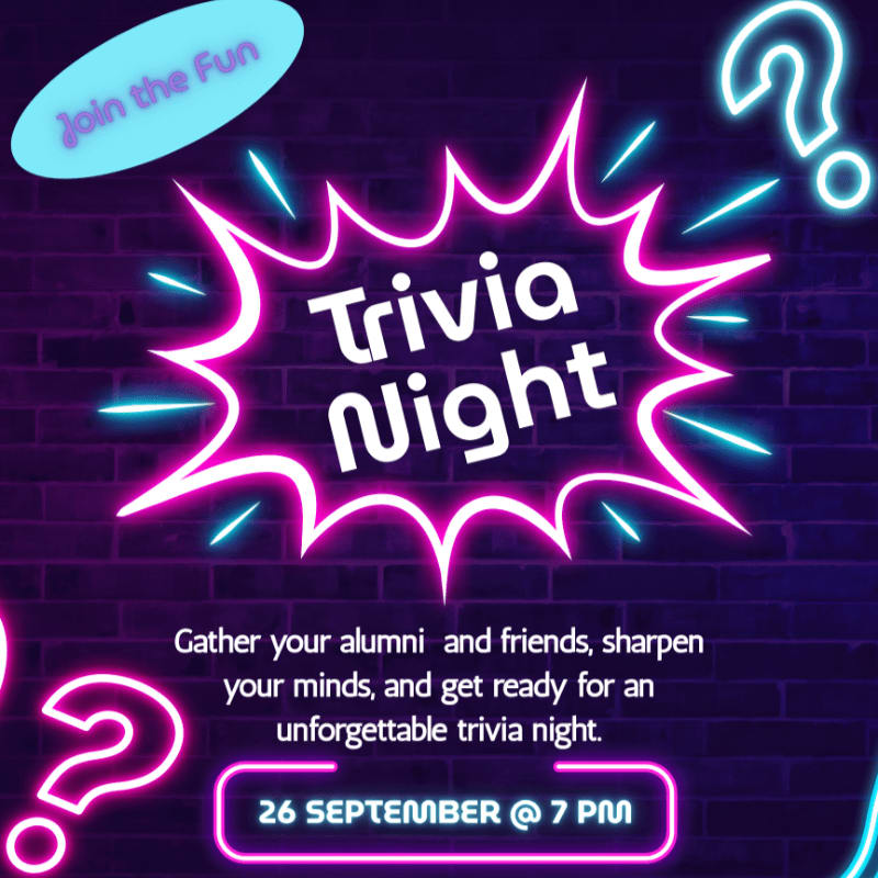Neon lights in the foreground announce "Trivia Night" with a date and time, set against a dark brick background with glowing question marks.