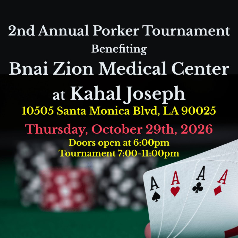 Four aces are held in the foreground, with a blurred background of poker chips and text announcing a tournament benefiting Bnai Zion Medical Center.