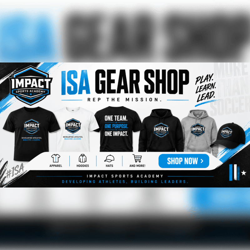 In the foreground, a selection of Impact Sports Academy apparel including t-shirts, hoodies, and a cap are displayed, while the background features the academy's logo and slogan.