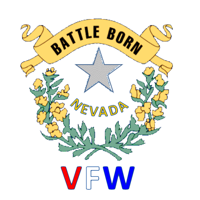 A silver star and "BATTLE BORN NEVADA" are centered within a wreath of green leaves and yellow flowers, with "VFW" in red and blue letters below.