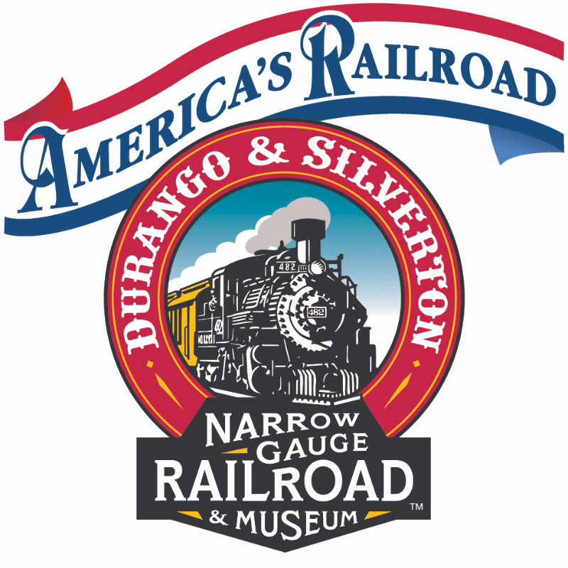 A vintage steam train is featured in the foreground within a circular emblem, while a red, white, and blue banner proclaiming "America's Railroad" arches over the top in the background.