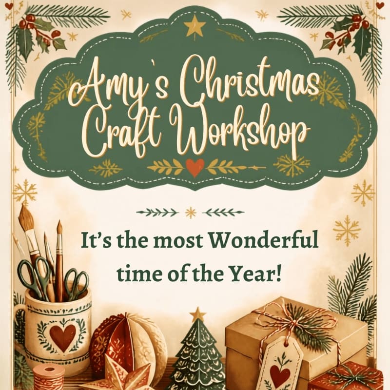 Craft supplies and Christmas decorations fill the foreground, while a festive banner announces "Amy's Christmas Craft Workshop" in the background.