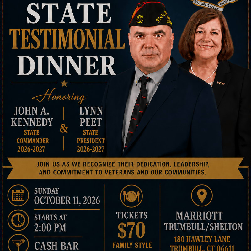 A man in a VFW cap and a woman stand in front of a dark blue background advertising a State Testimonial Dinner honoring John A. Kennedy and Lynn Peet.