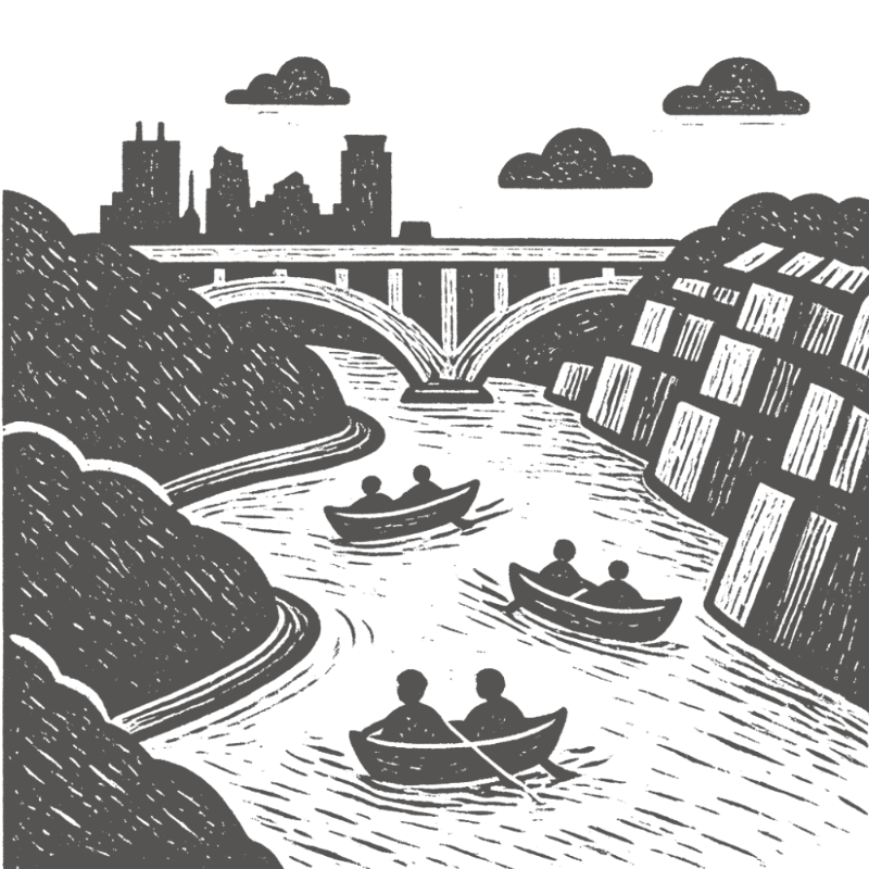 Three small boats with people navigate a river that flows under a large arched bridge, with a city skyline and textured hills in the background.