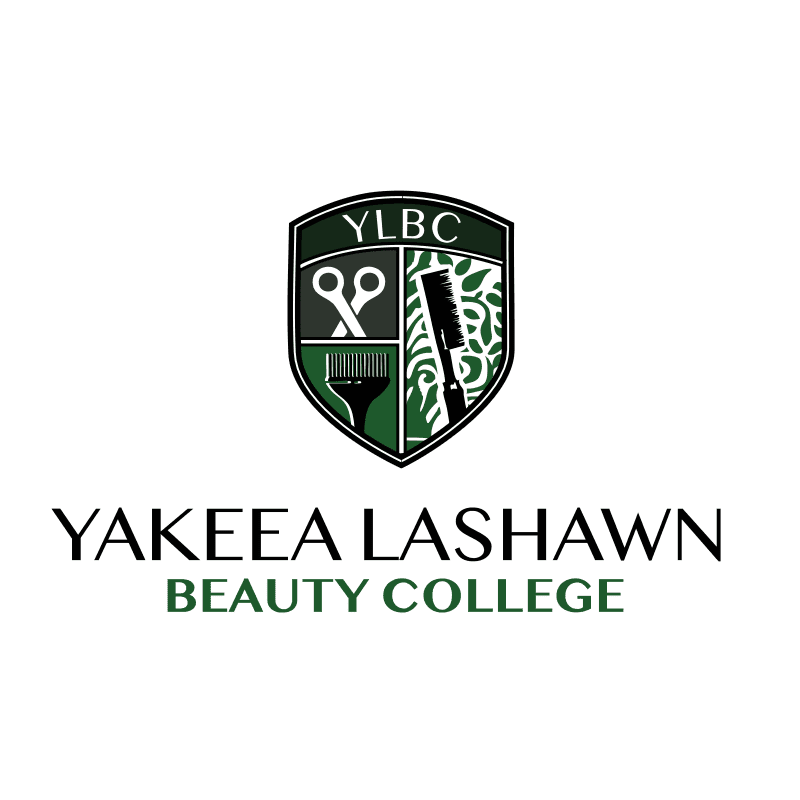 A green and white crest with salon tools and foliage sits above the text "YAKEEA LASHOWN BEAUTY COLLEGE" on a white background.