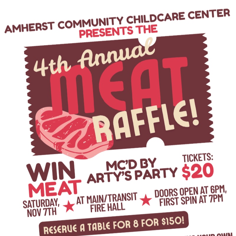 A maroon ticket-shaped graphic with bold red text announcing the "4th Annual MEAT RAFFLE!" is set against a cream-colored background with text detailing event information.