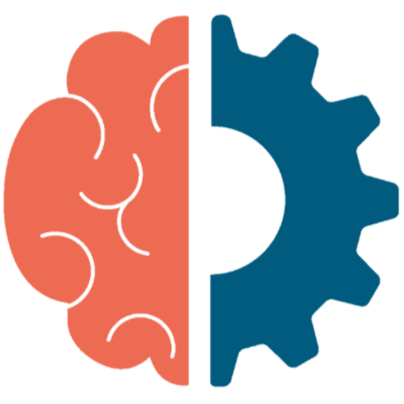 A stylized orange brain merges with a blue gear against a white background.