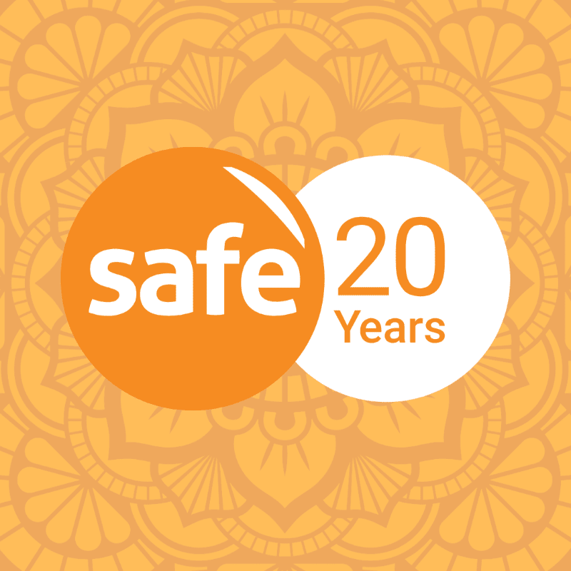Two overlapping circles, one orange with "safe" in white and the other white with "20 Years" in orange, are set against a warm orange mandala pattern.