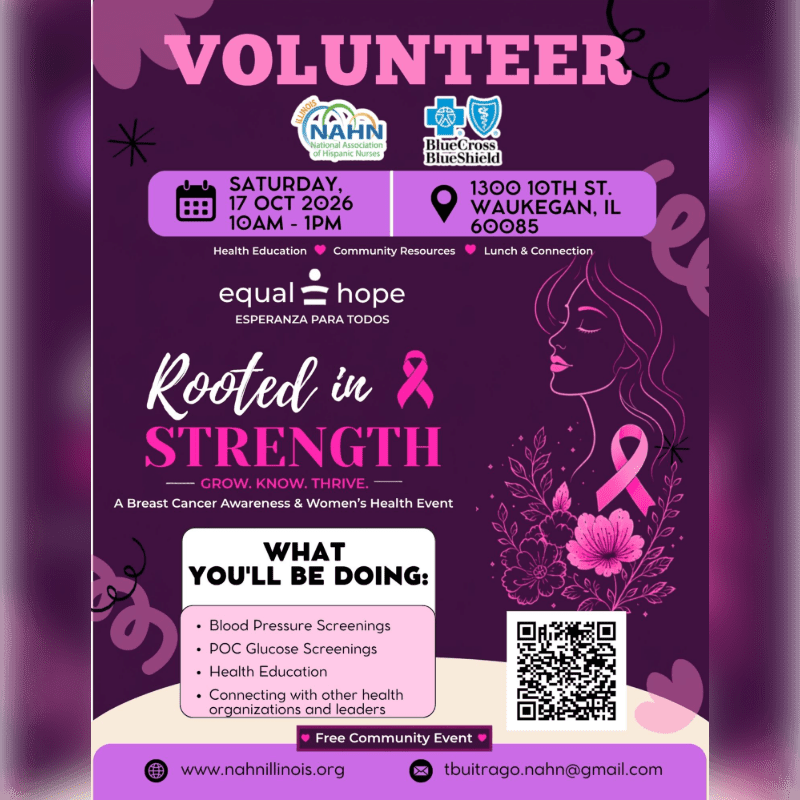 A purple flyer advertises a volunteer opportunity for a breast cancer awareness and women's health event, featuring event details in the foreground and a stylized woman with pink ribbons in the background.