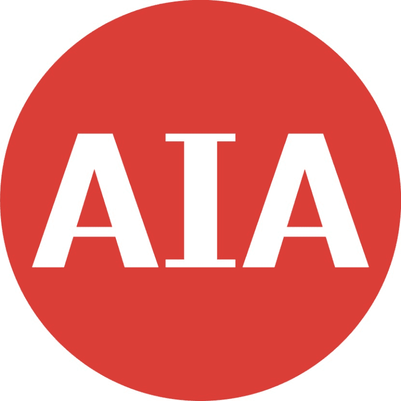 White letters "AIA" are centered on a solid red circular background.