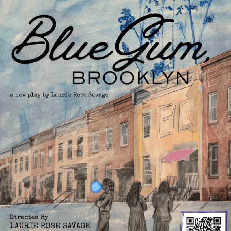 Three figures stand on a Brooklyn street with row houses in the background, under the title "Blue Gum, BROOKLYN".