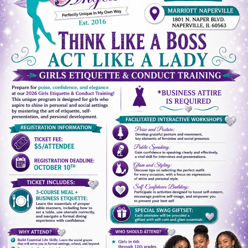 A pink and purple flyer advertises a "Girls Etiquette & Conduct Training" with details about workshops, registration, and what's included, set against a blurred background of a ballroom or event space.