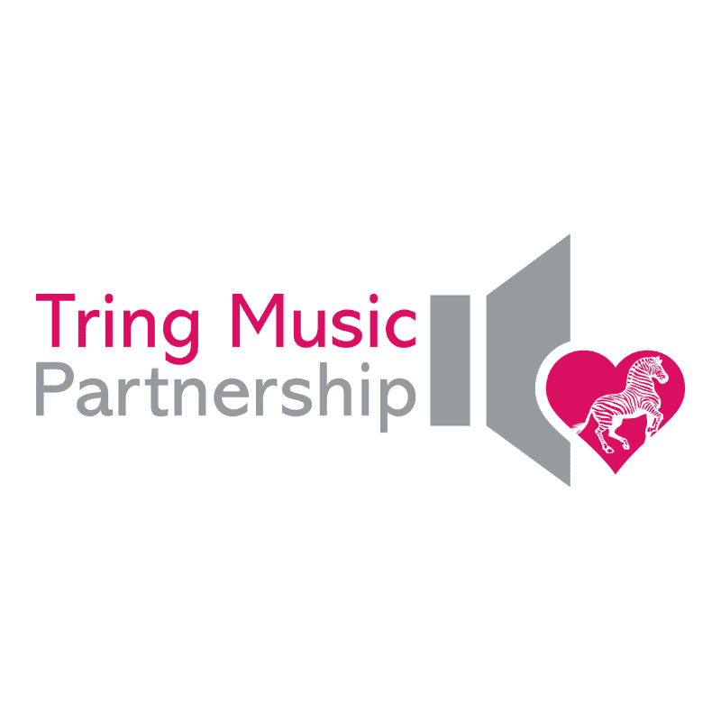 A pink heart with a zebra inside is on the right of a gray speaker icon, next to the text "Tring Music Partnership" on a white background.