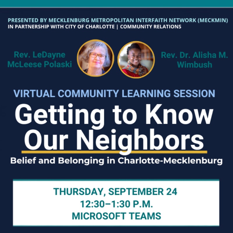 A dark blue background displays text for a virtual community learning session titled "Getting to Know Our Neighbors," with event details in a lighter blue box at the bottom.