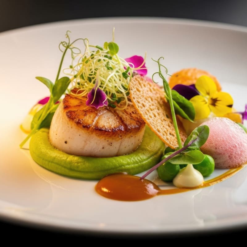 A seared scallop rests on a vibrant green puree, garnished with sprouts and edible flowers, against a dark, blurred background.