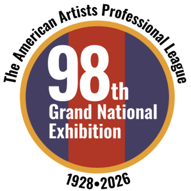 A circular logo with the text "The American Artists Professional League 98th Grand National Exhibition 1928-2026" is centered on a white background.
