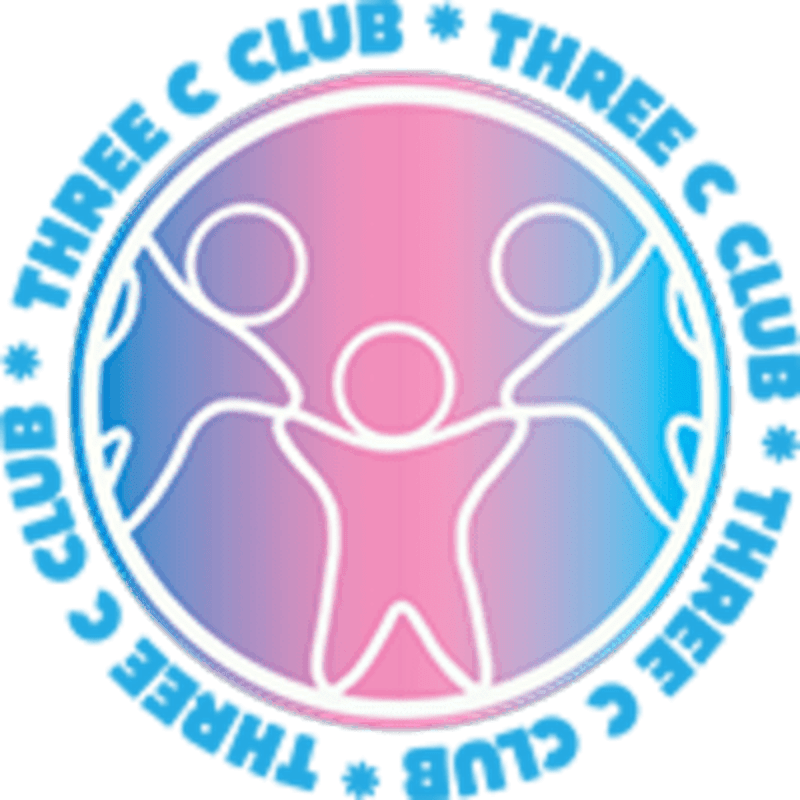 A circular logo with a gradient of pink and blue features three stylized figures holding hands in the foreground, surrounded by the text "THREE C CLUB" in the background.
