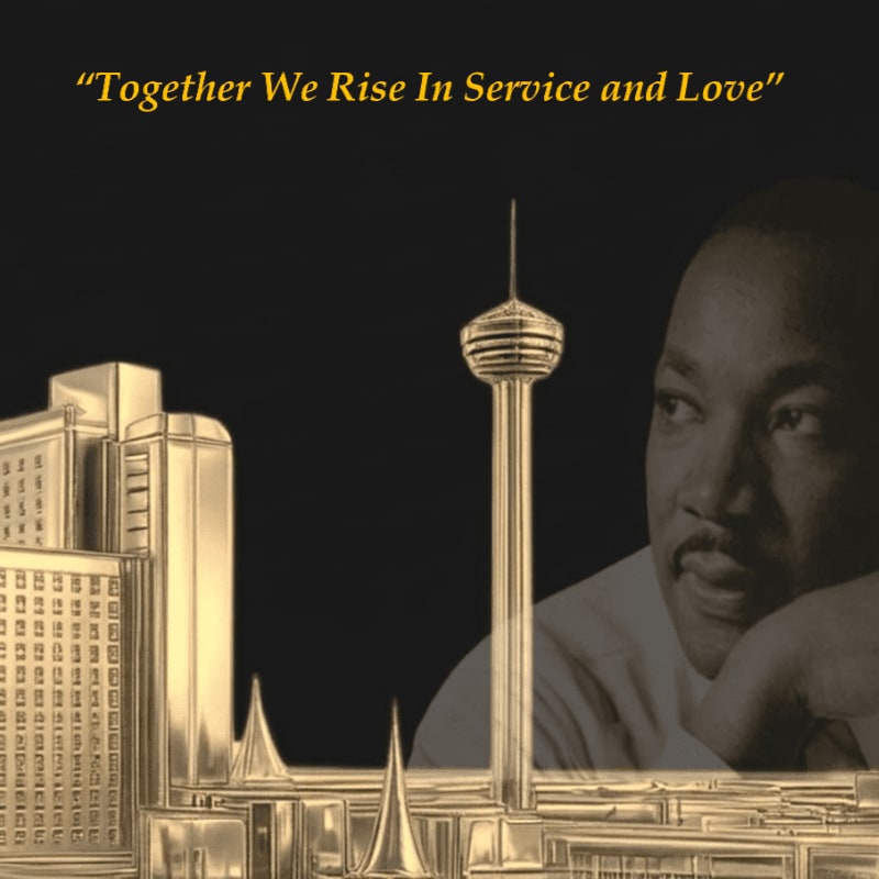 A golden cityscape with a prominent tower stands in the foreground, while a portrait of Martin Luther King Jr. is visible in the background, overlaid with the quote "Together We Rise In Service and Love."