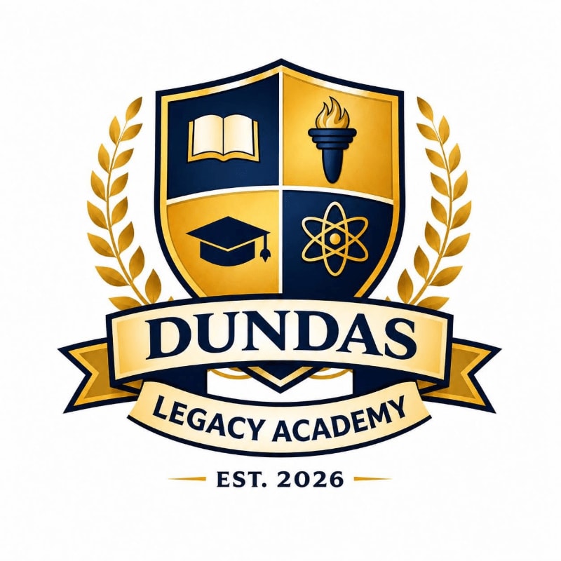 A crest with a book, torch, graduation cap, and atom symbol is framed by golden laurel leaves, with "DUNDAS LEGACY ACADEMY EST. 2026" written on a banner below, all set against a textured white background.