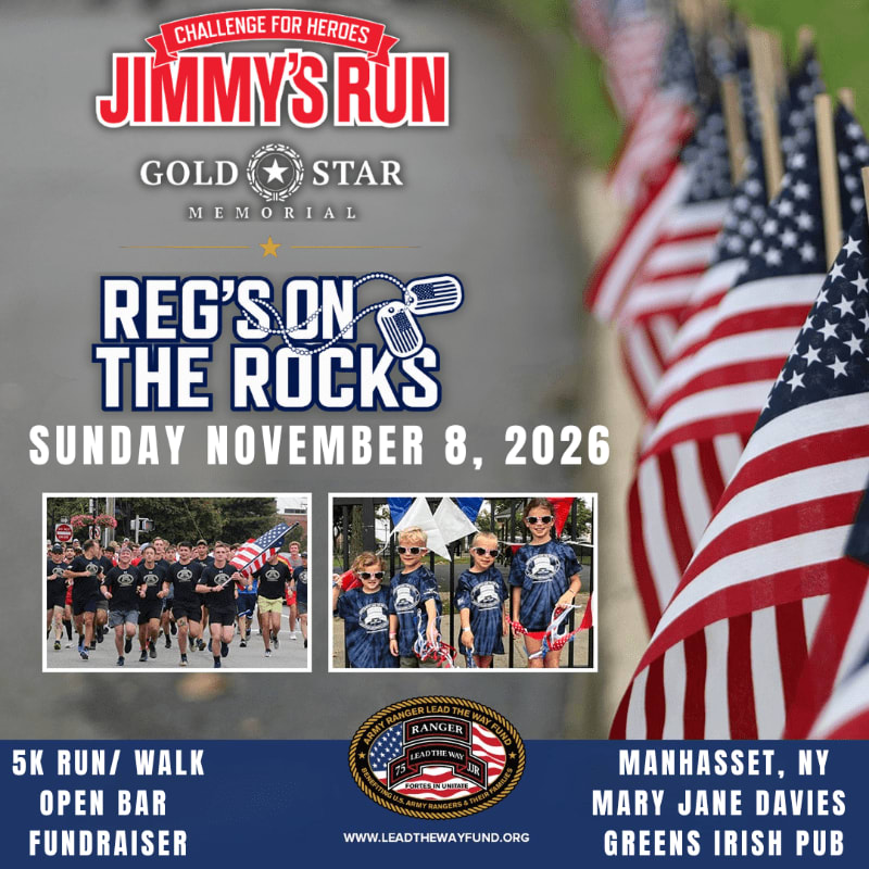 American flags line the background, while the foreground features event details for "Jimmy's Run" including dates, location, and activities.