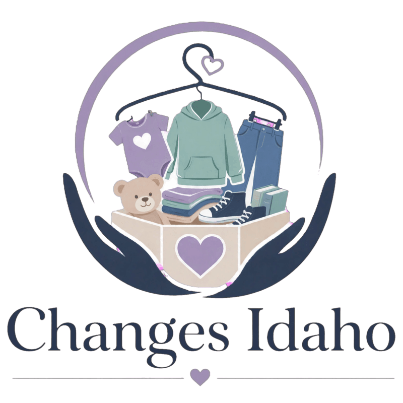 Two cupped hands cradle a box filled with children's clothing and a teddy bear, all beneath a clothes hanger with a heart, with "Changes Idaho" written below.