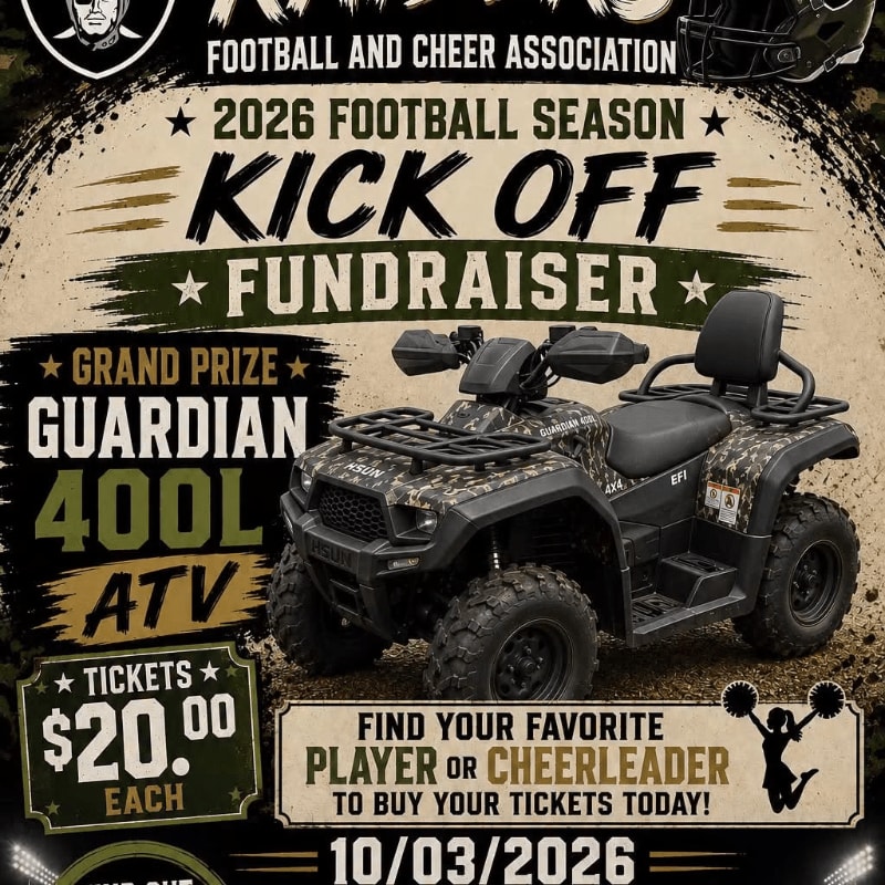 A camouflage ATV is prominently featured in the foreground of a flyer announcing a football and cheer association's 2026 season kick-off fundraiser.