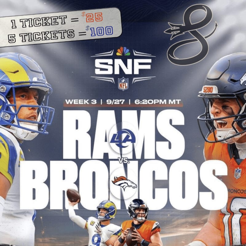Two NFL quarterbacks, one in a Rams uniform and the other in a Broncos uniform, are featured in the foreground against a background advertising a "SNF" game between the Rams and Broncos.
