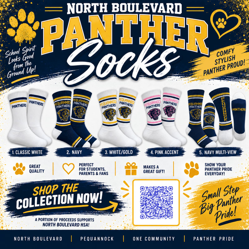 A collection of North Boulevard Panther socks are displayed in the foreground against a dark blue background with school spirit slogans and branding.
