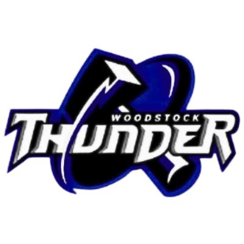A blue and black abstract shape with a white lightning bolt overlays the word "THUNDER" in white, with "WOODSTOCK" written above it, all on a white background.
