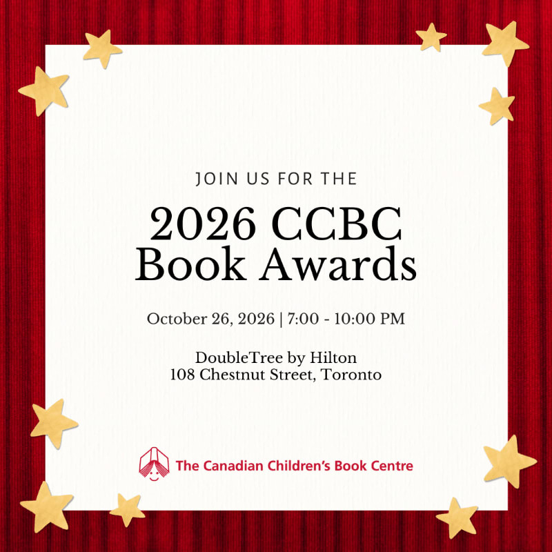 Golden stars adorn the corners of a cream-colored invitation announcing the 2026 CCBC Book Awards, set against a backdrop of red velvet curtains.