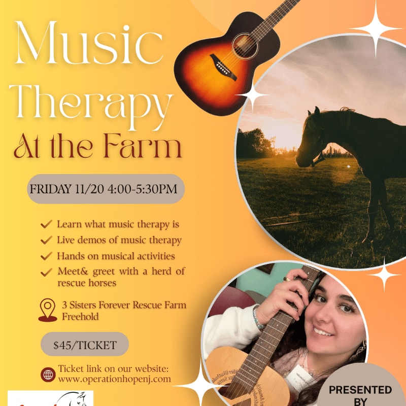 An acoustic guitar and event details are in the foreground, while a horse in a field at sunset is in the background.