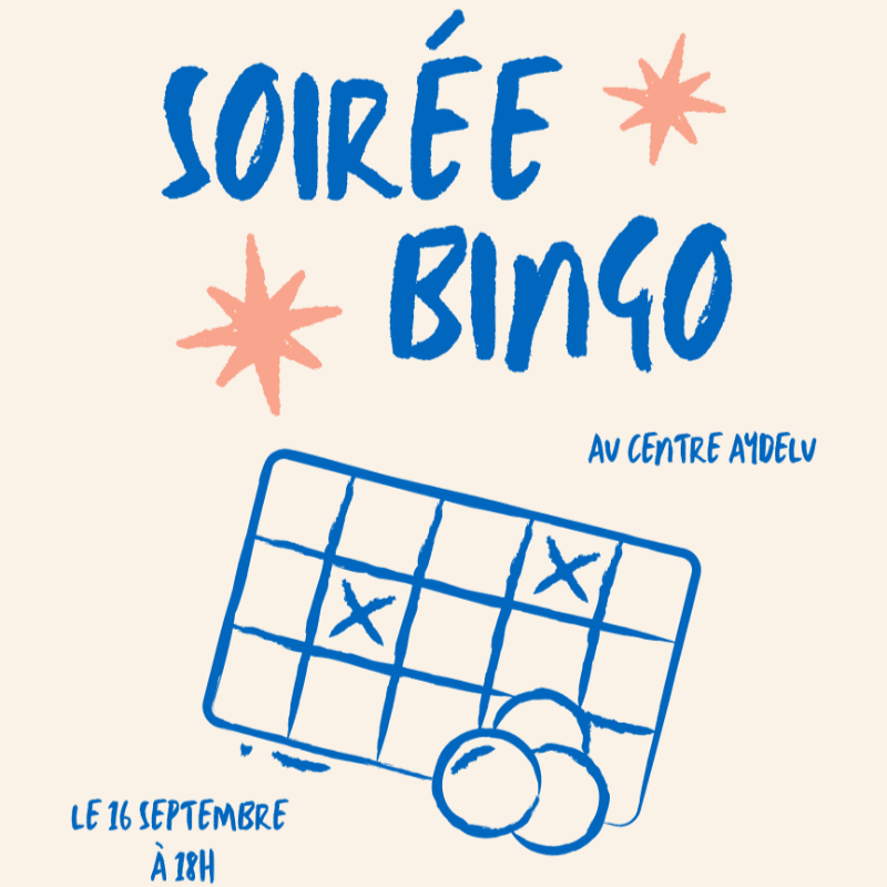 A bingo card with marked squares and three circles in the foreground is set against a light background with the words "SOIRÉE BINGO" and decorative stars.