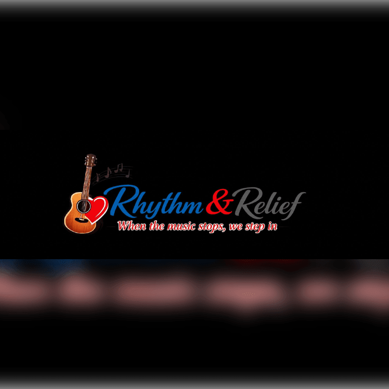 A guitar with musical notes and a heart is in the foreground, with the text "Rhythm & Relief" and a tagline in the background.