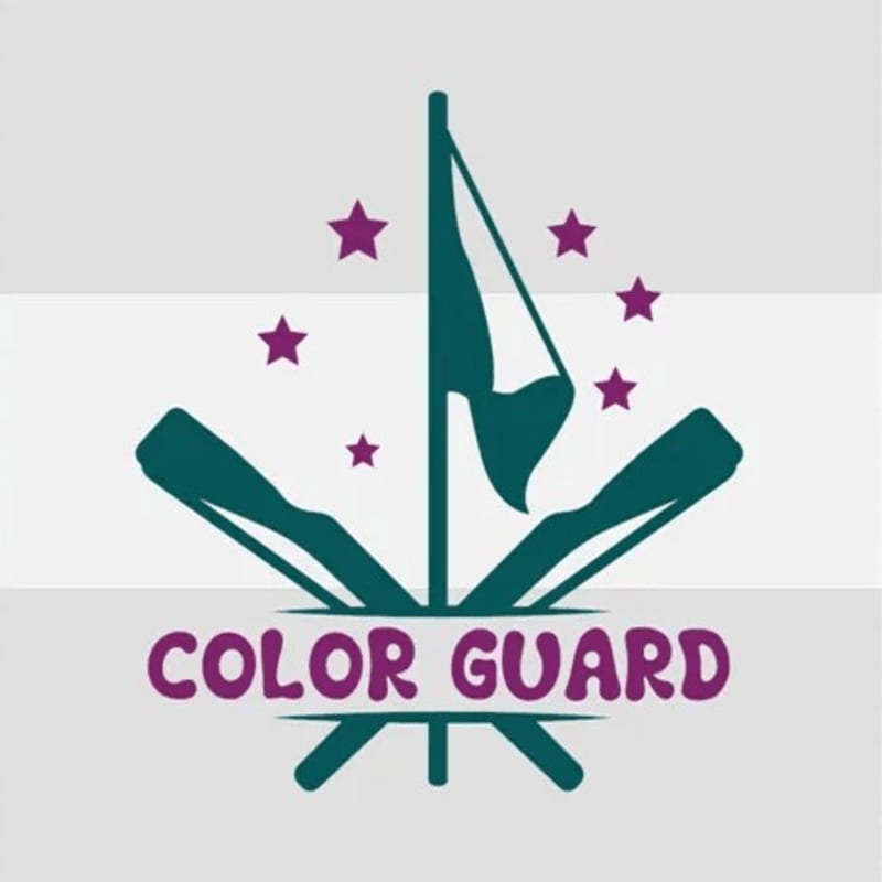 In the foreground, a teal and purple "COLOR GUARD" logo features crossed sabers, a flag on a pole, and stars, set against a background of horizontal gray and white stripes.