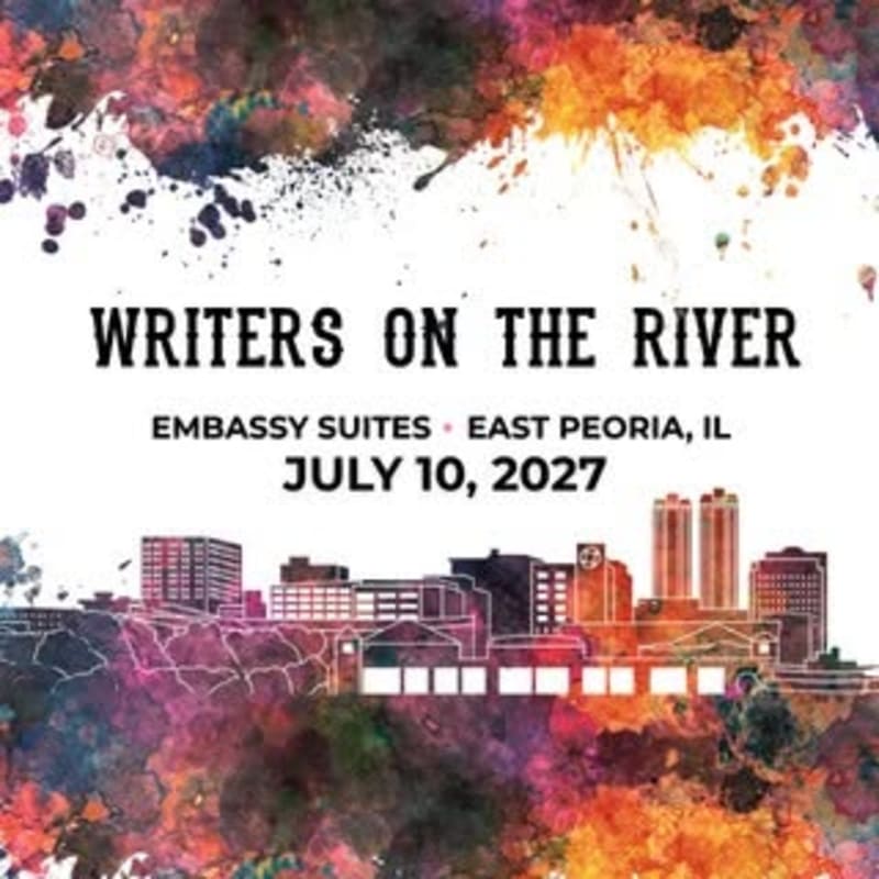 A colorful watercolor splash frames a cityscape silhouette in the foreground, with the text "WRITERS ON THE RIVER" and event details in the background.