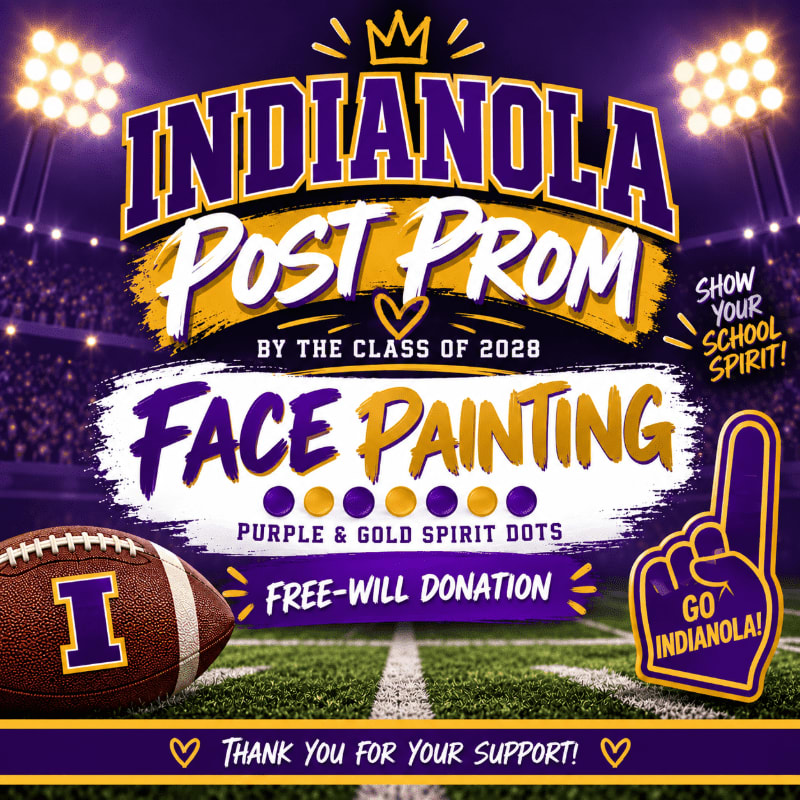 A football and a foam finger are in the foreground on a football field, with a banner advertising "Indianola Post Prom Face Painting" in the background.