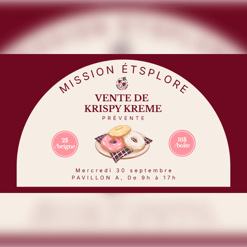 Three colorful donuts sit on a plate in the foreground, with event details for a Krispy Kreme sale at Mission Étsplore in the background.