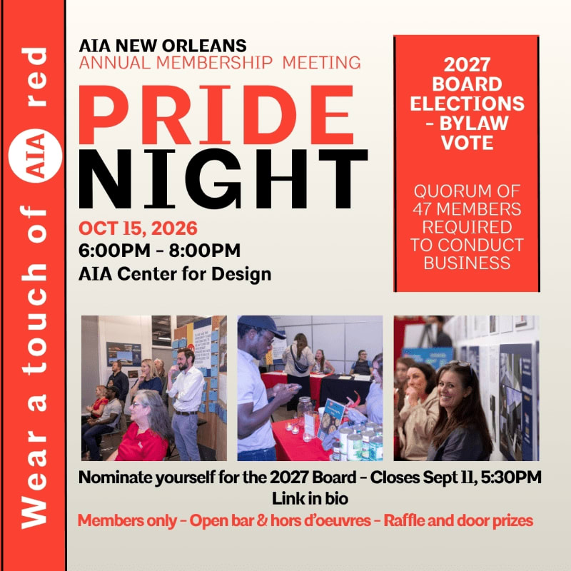 A red and white flyer announces an AIA New Orleans "Pride Night" annual membership meeting and 2027 board elections, featuring photos of people at an event in the foreground and event details in the background.